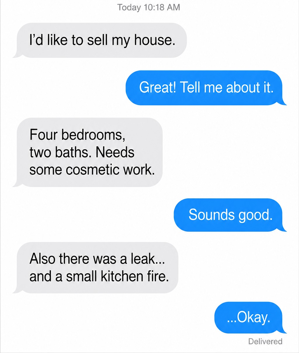 A seller texts about a kitchen fire and a leak.
